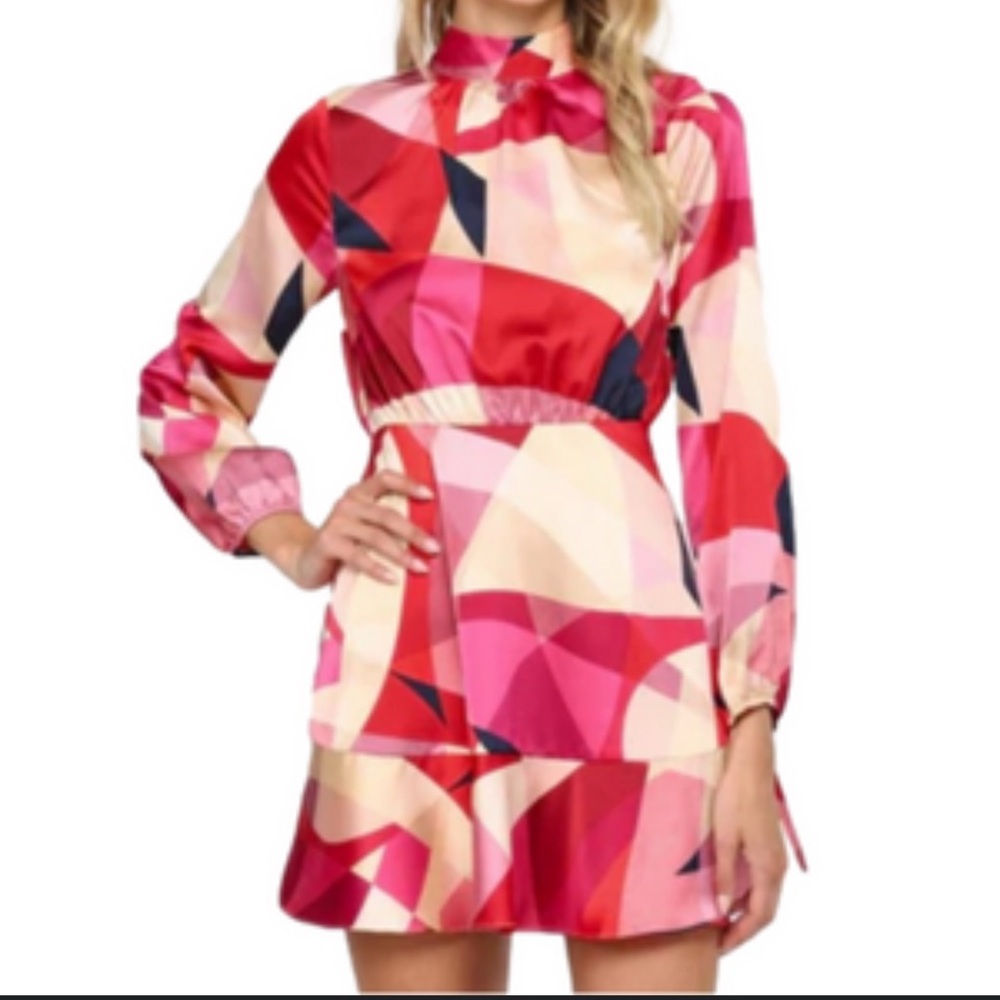 NEW Fate Puzzle Me Satin Long Sleeve Mini Geometric Pink and Red Dress Large - Picture 3 of 7